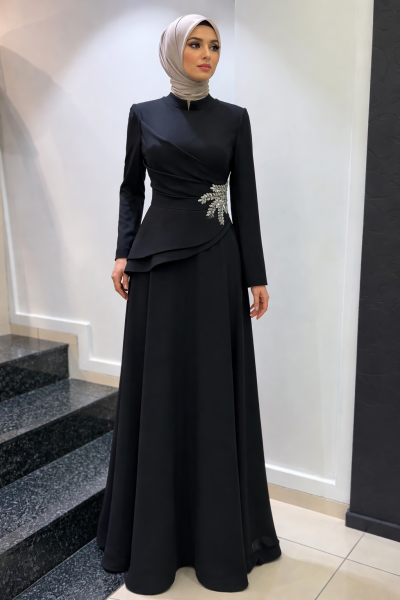 Zuhal Sagsöz Beli İnci Detay Elbise Siyah