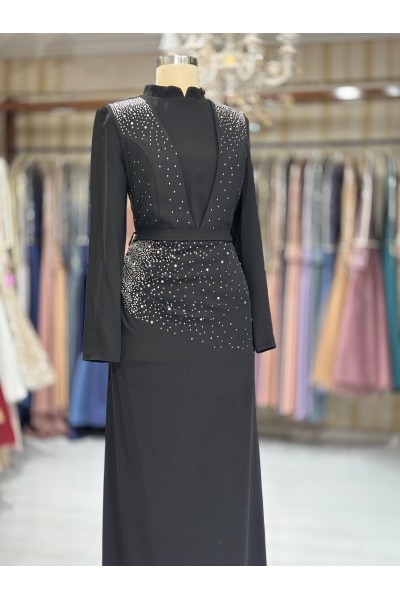 Zuhal Sagsöz Kruveze Damla Taş Elbise Siyah