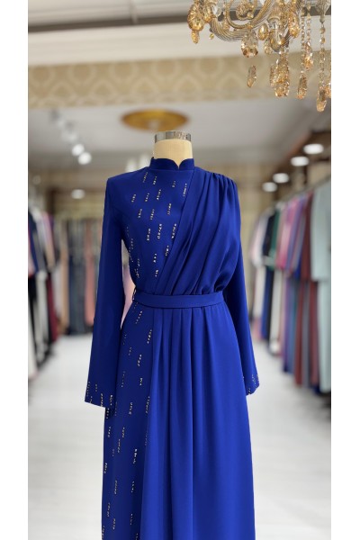 Zuhal Sagsöz Yarı Damla Taşlı Elbise Saks