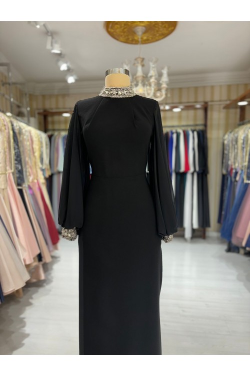 Zuhal Sagsöz Kolları Şifon Elbise Siyah