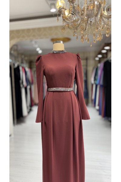 Zuhal Sagsöz Krep Kalem Elbise Bakır