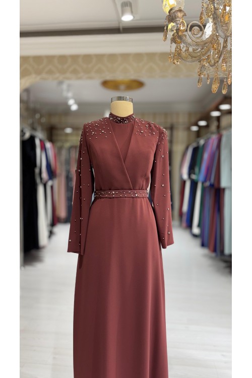 Zuhal Sagsöz Kruvaze Krep Elbise Bakır