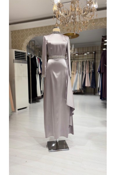 Zuhal Sagsöz Saten Kalem Elbise Gri