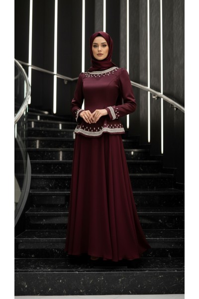 Zuhal Sagsöz Saten Etek Ceket Takım Bordo