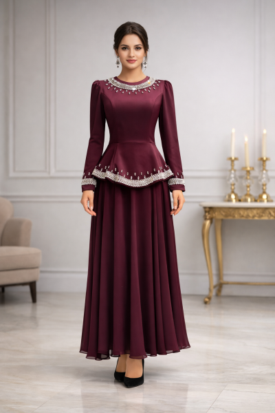 Zuhal Sagsöz Saten Etek Ceket Takım Bordo