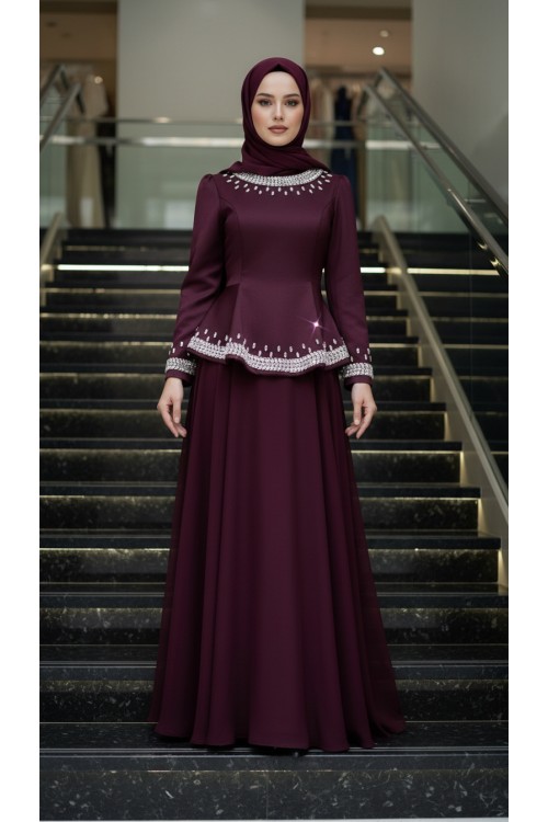 Zuhal Sagsöz Saten Etek Ceket Takım Bordo