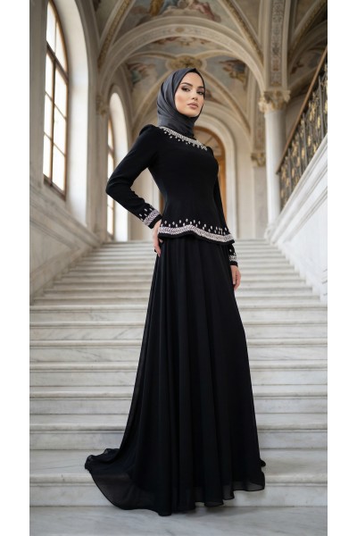 Zuhal Sagsöz Saten Etek Ceket Takım Siyah