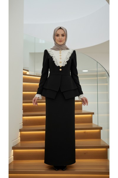 Zuhal Sagsöz Yakası Dantel Elbise Siyah