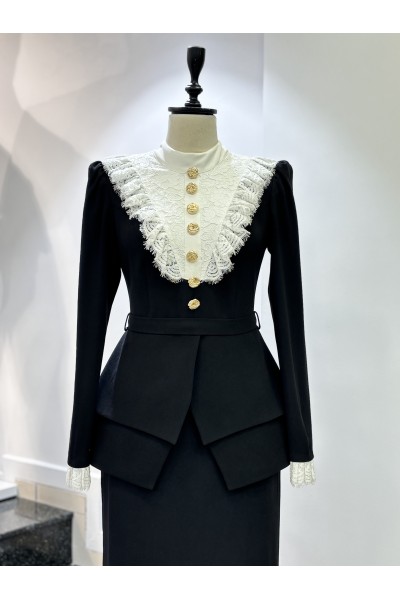 Zuhal Sagsöz Yakası Dantel Elbise Siyah