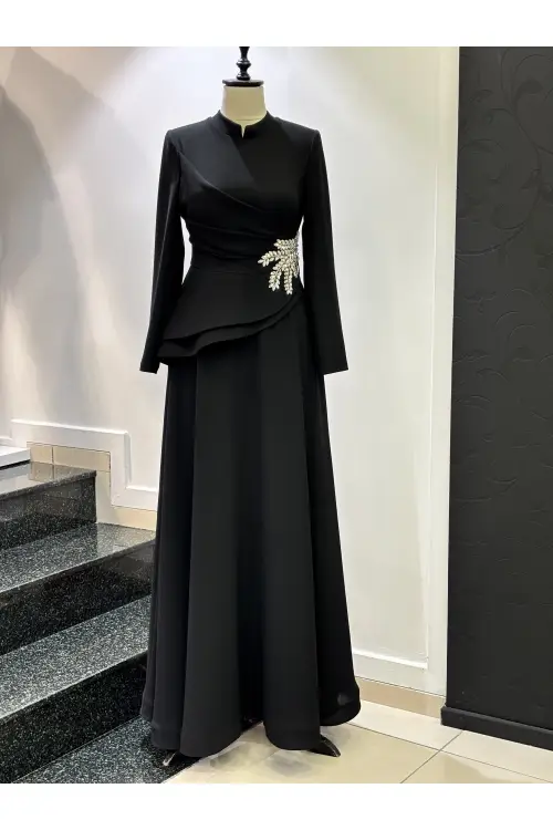 Zuhal Sagsöz Beli İnci Detay Elbise Siyah