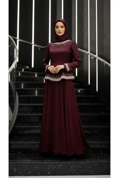 Zuhal Sagsöz Saten Etek Ceket Takım Bordo