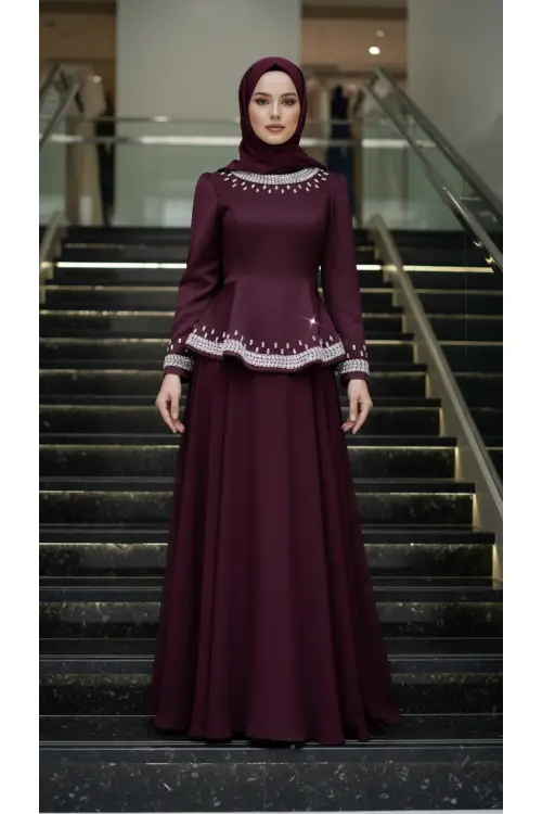 Zuhal Sagsöz Saten Etek Ceket Takım Bordo