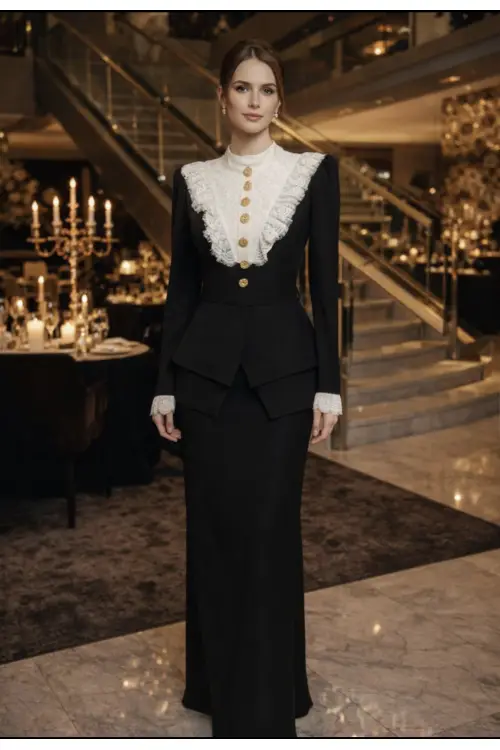 Zuhal Sagsöz Yakası Dantel Elbise Siyah